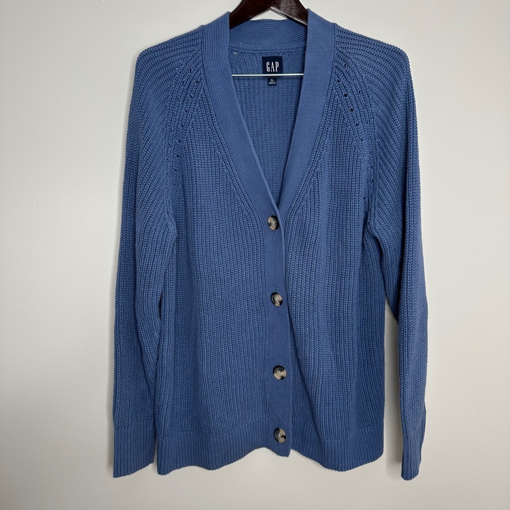 GAP‎ Cardigan Sweater Womens XL Blue EUC Cozy Cotton Shaker Knit Button Up